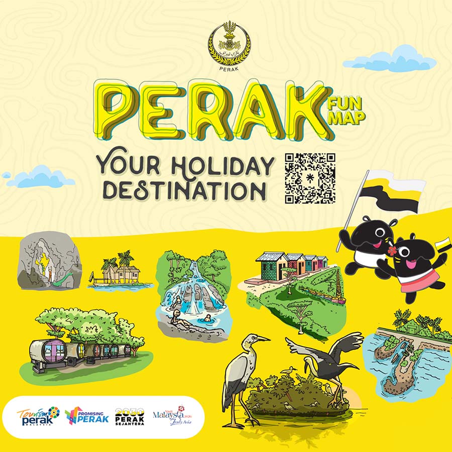 Illustrated cover of the Perak Fun Map travel brochure, featuring colourful cartoon drawings of tourist attractions, natural landscapes, wildlife, and mascot characters waving the Perak flag.