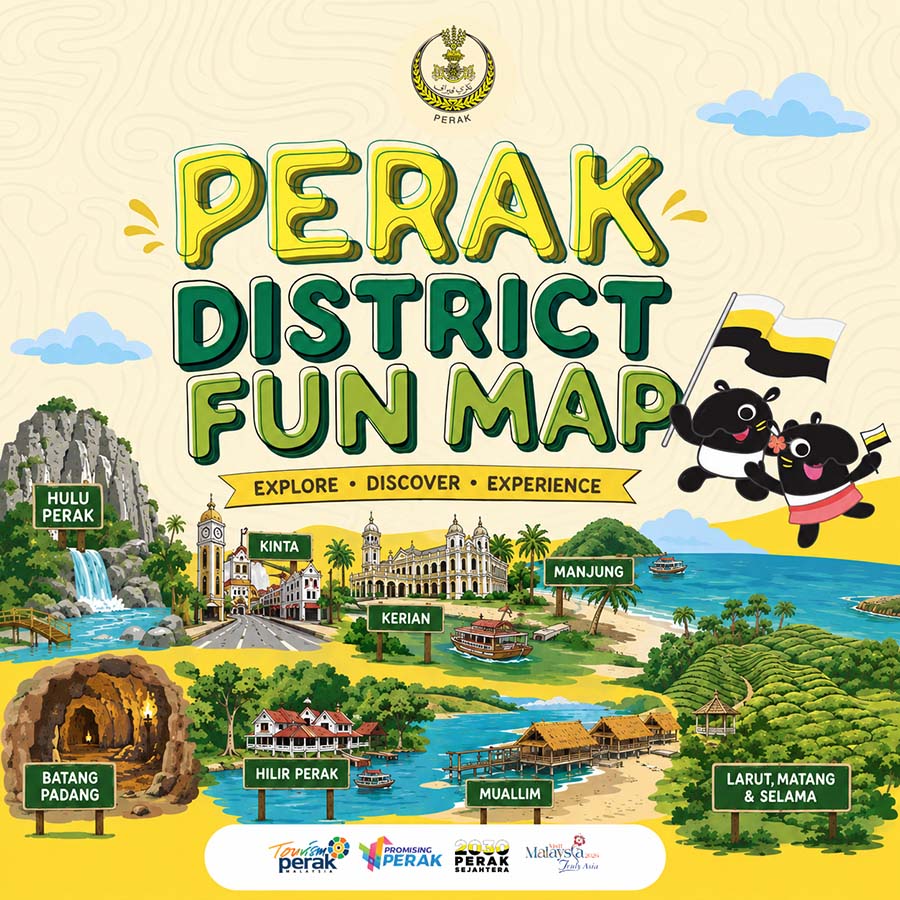 An illustrated cover of the Perak District Fun Map showcasing key landmarks across various districts, including waterfalls, heritage buildings, beaches, caves, and tea plantations, alongside cartoon mascot characters holding the Perak flag.
